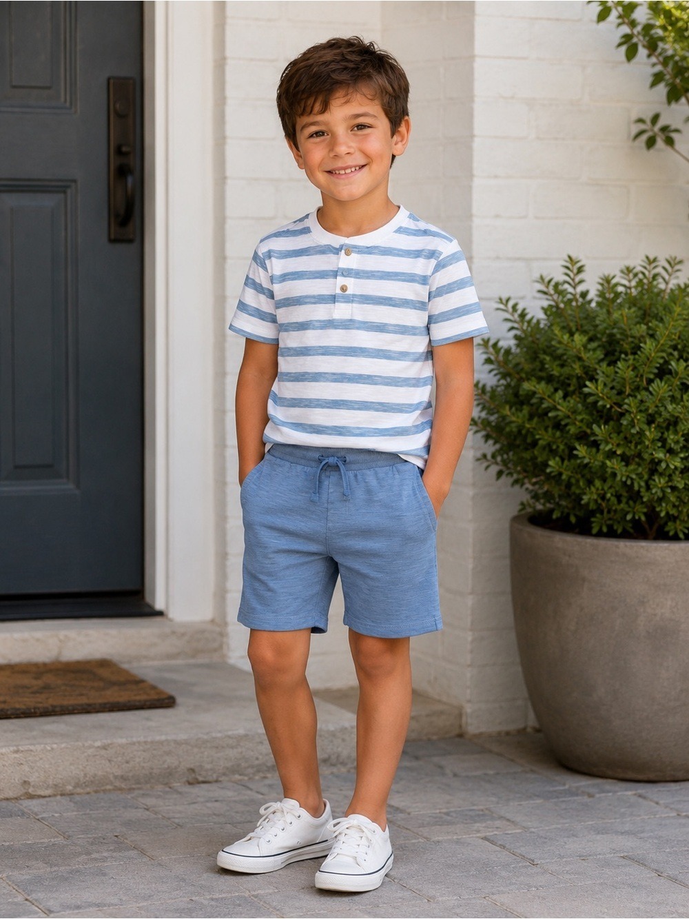 Boys Blue & White Striped Henley Top with Blue Knit Shorts